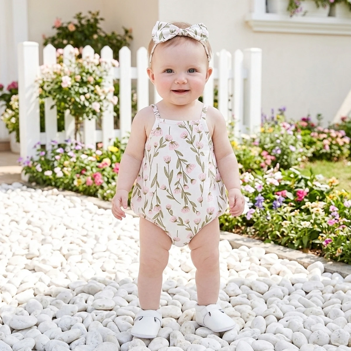 Summer Floral Lovely Infants Girls Onesies Baby Sleeveless Bodysuits Clothes with Headband