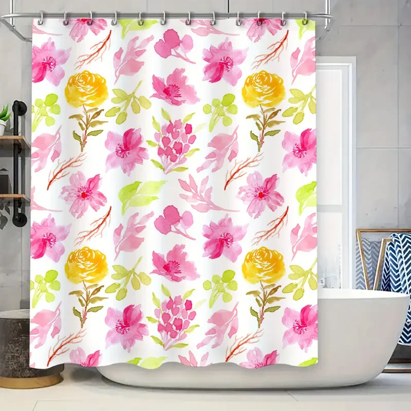 

Набор занавесок для душа с ярким цветочным принтом, современный розово-желтый декор для ванной комнаты, водонепроницаемая ткань, простая установка с крючками идеально подходит