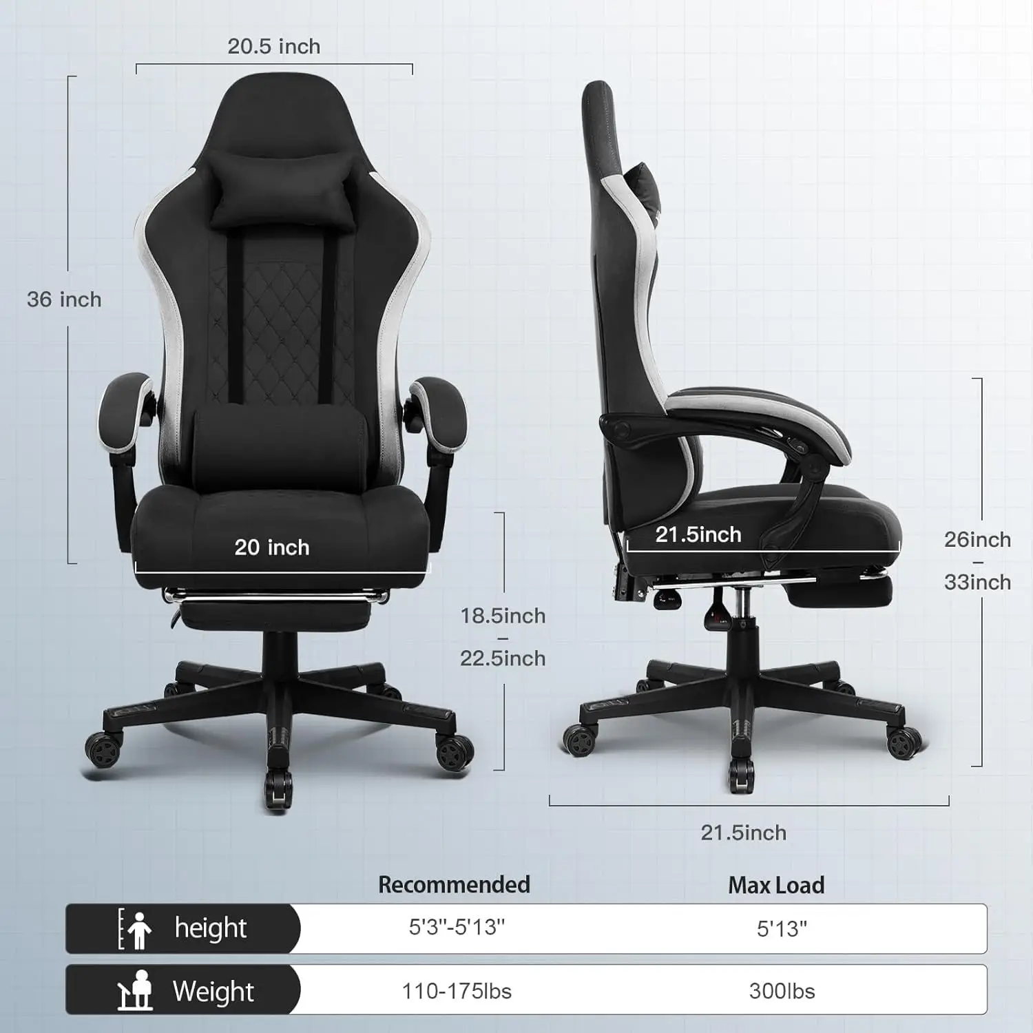 Chulovs Gaming Chair with Footrest Fabric Office Chair with Pocket Spring Cushion and Linkage Armrests, High Back Ergonomic Comp