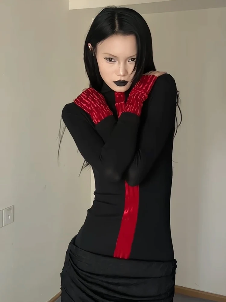 Yedinas Patchwork Turtleneck T-shirt Woman Clothes Long Sleeve Black Gothic Autumn Tops 2000s Clothes Y2k Tees Female Clothing