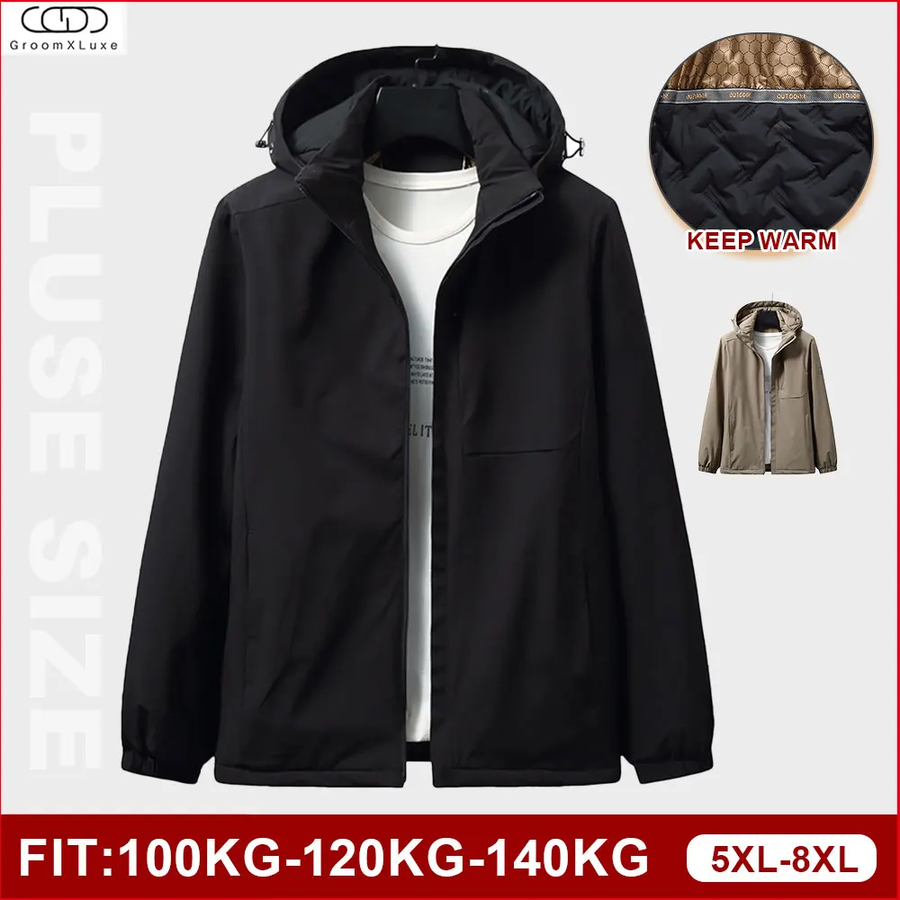 

GROOMXLUXE Plus Size Men's jackets Autumn Winter Hooded Zipper Outdoor Jacket Warm Elastic Casual Windbreaker 100KG-140KG 8XL