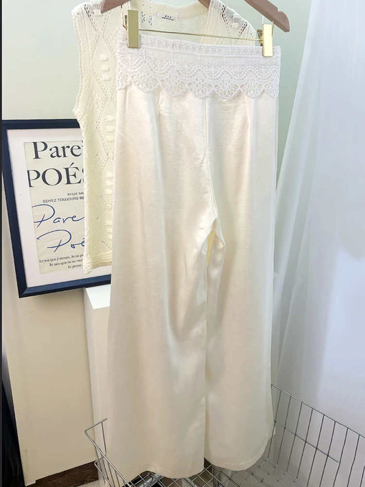 ลูกไม้ patchwork กรดอะซิติกซาตินกางเกงขากว้างผู้หญิงฤดูร้อนบางสูงเอว slimming ขาตรงกางเกงสบายๆ