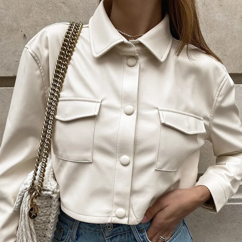 Women's Fashion PU Leather Black Crop Jacket Autumn Casual Streetwear Button Pocket Design Polo Collar Long Sleeve Daily Jacket