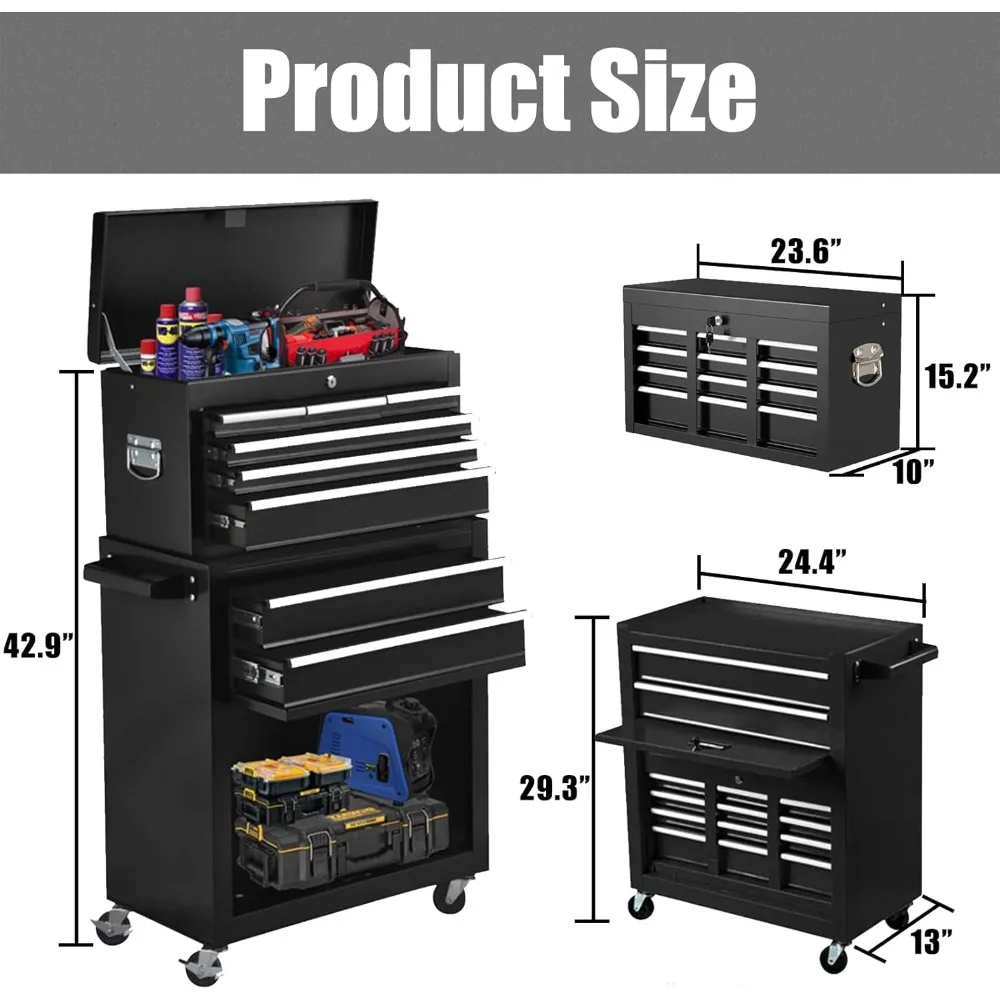 8-Drawer Rolling Tool Chest, 2-in-1 Tool Box Organizer with Lockable Wheels, Sliding Drawers, and Detachable Top, Garage Worksho