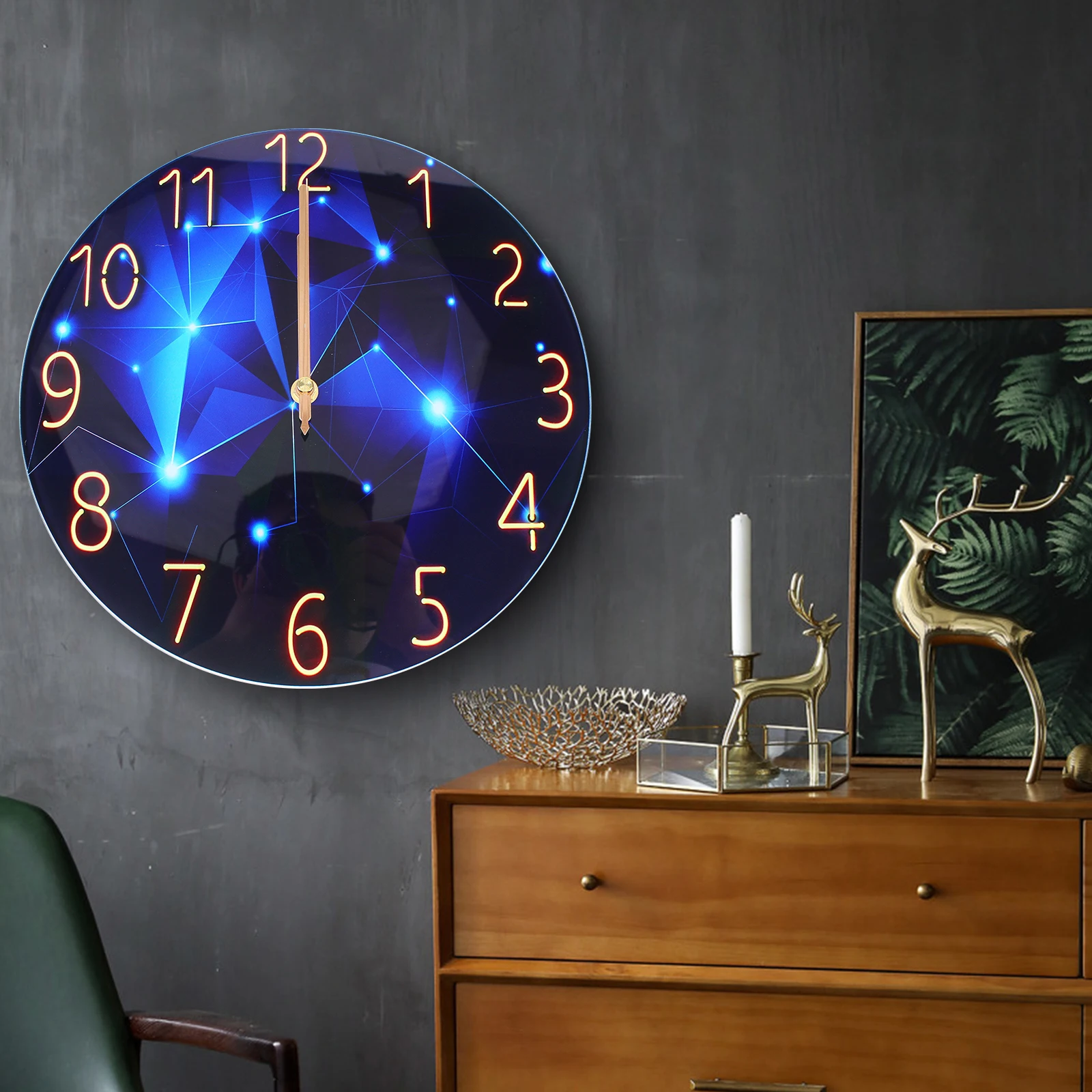 

12" Silent Blue Diamond Round Wall Clock Blue Decorative Modern Style Interior Wall Clocks