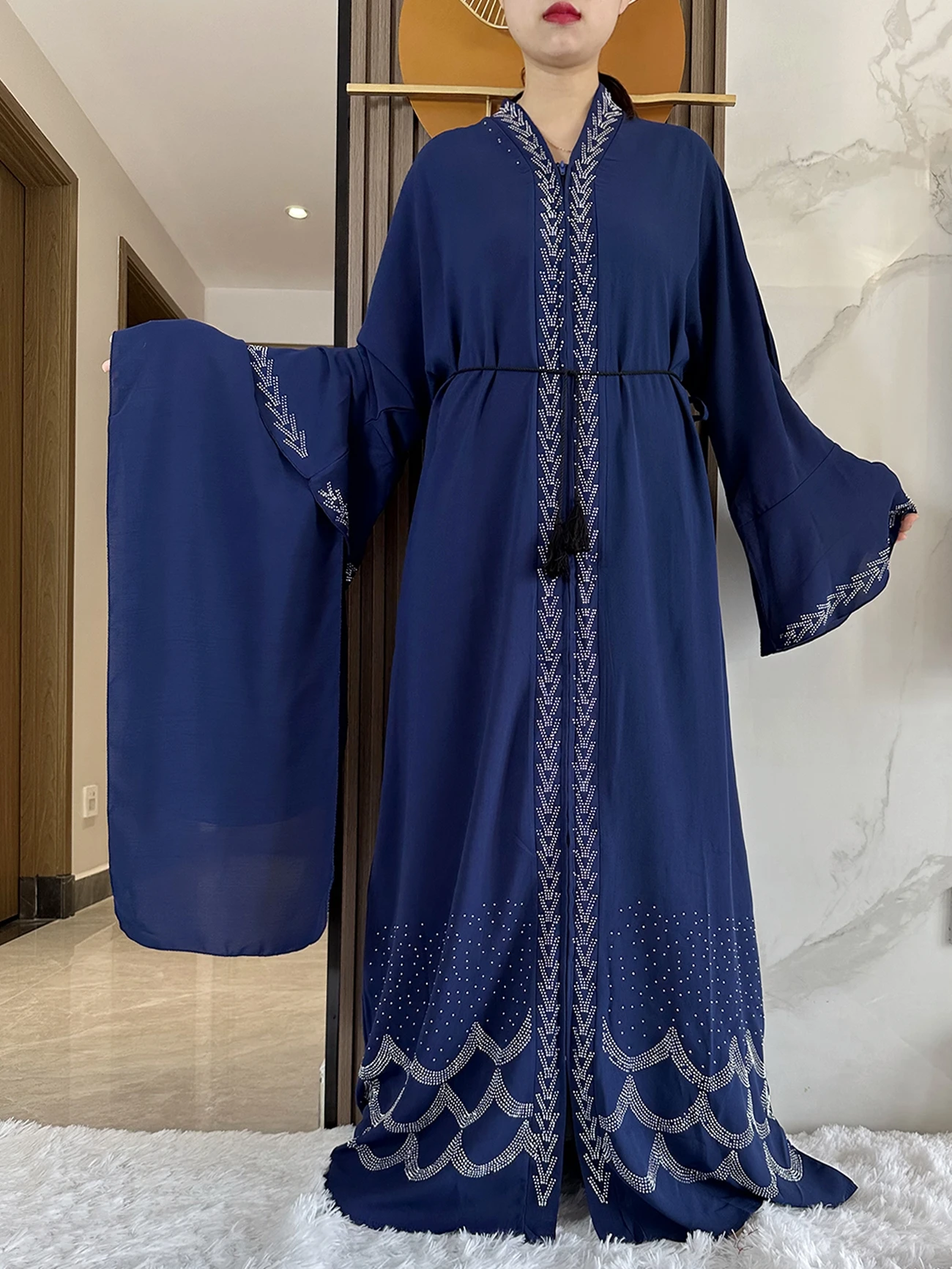 2024 Women Elegant Dress Dubai Party Outfits Long Sleeve Chiffon Rhinestones  Muslim Women Robe Open African Abaya Clothing