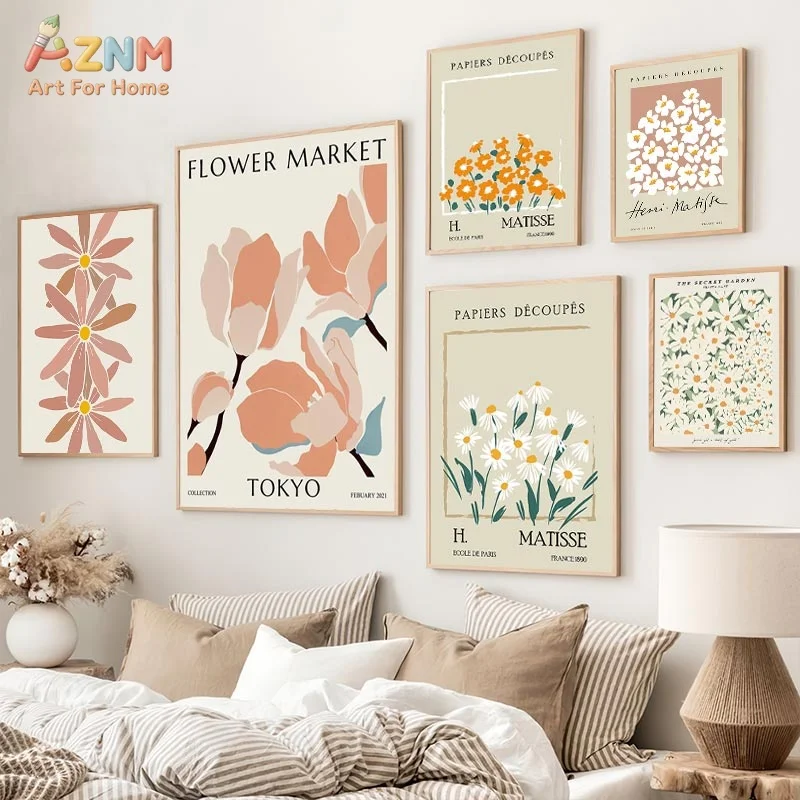 AZNM Frameless Canvas Wall Art, Neutral Matisse Cutout Floral Print, Tokyo Flower Market Pastel Magnolia Daisy Botanical Poster