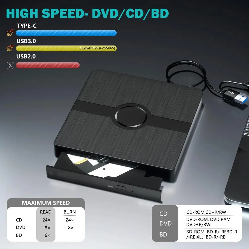 1pc External Dvd Drive High Speed Portable Usb3.0 Cd Laptop/desktop Drive Compatible Rw Rewriter With Optical Player Dvd H2w6