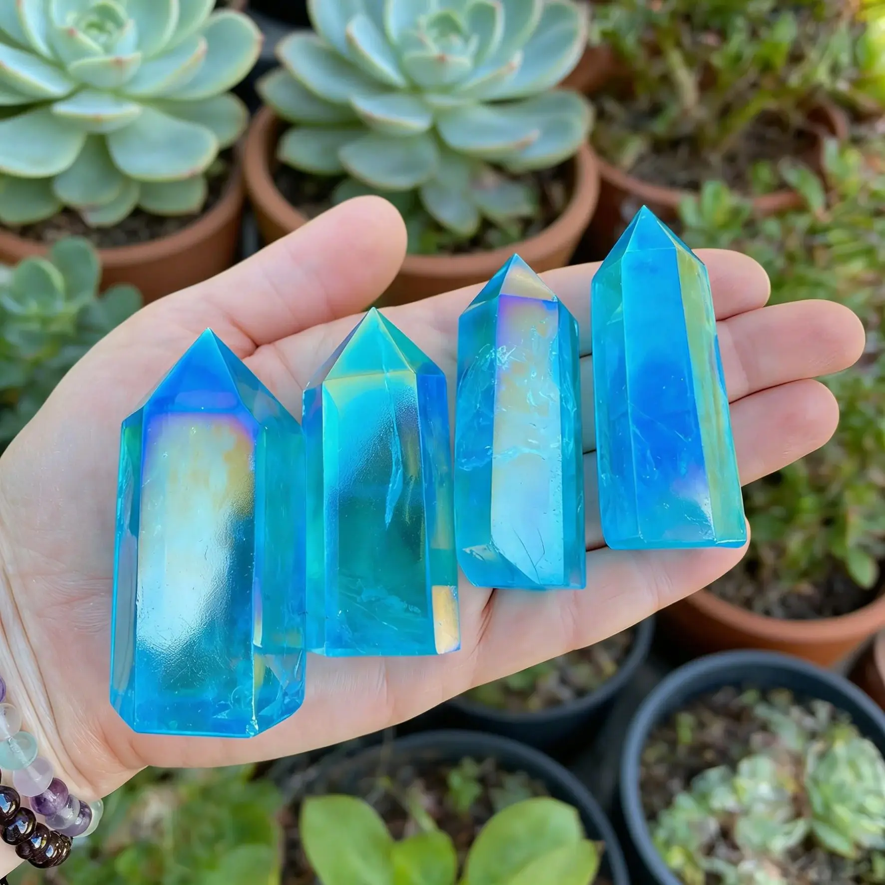 

1pc Rainbow Aura Blue Quartz Tower - Polished Hexagonal Prism for Home Decor, Unique Spiritual Healing, Meditation, Holiday Gift