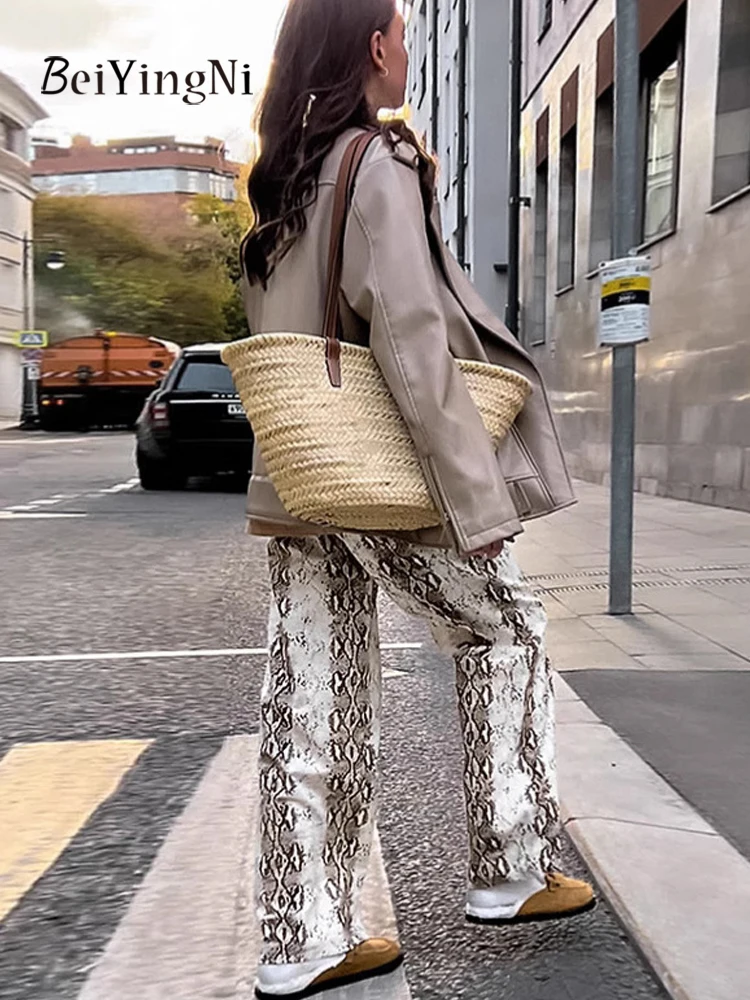 Beiyingni 2025 nouvelle mode femmes Y2K pantalon motif serpent décontracté Vintage haute rue pantalon droit automne femme pantalon ample