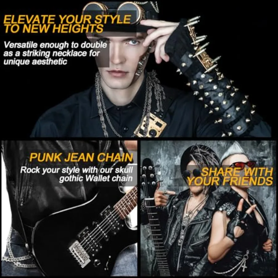 4 Pcs Punk Layered Pants Chain for Women Men Silver Goth Hip Hop Skull Biker Cross Skeleton Wallet Jeans Pocket Chain Belt Deco view 6
