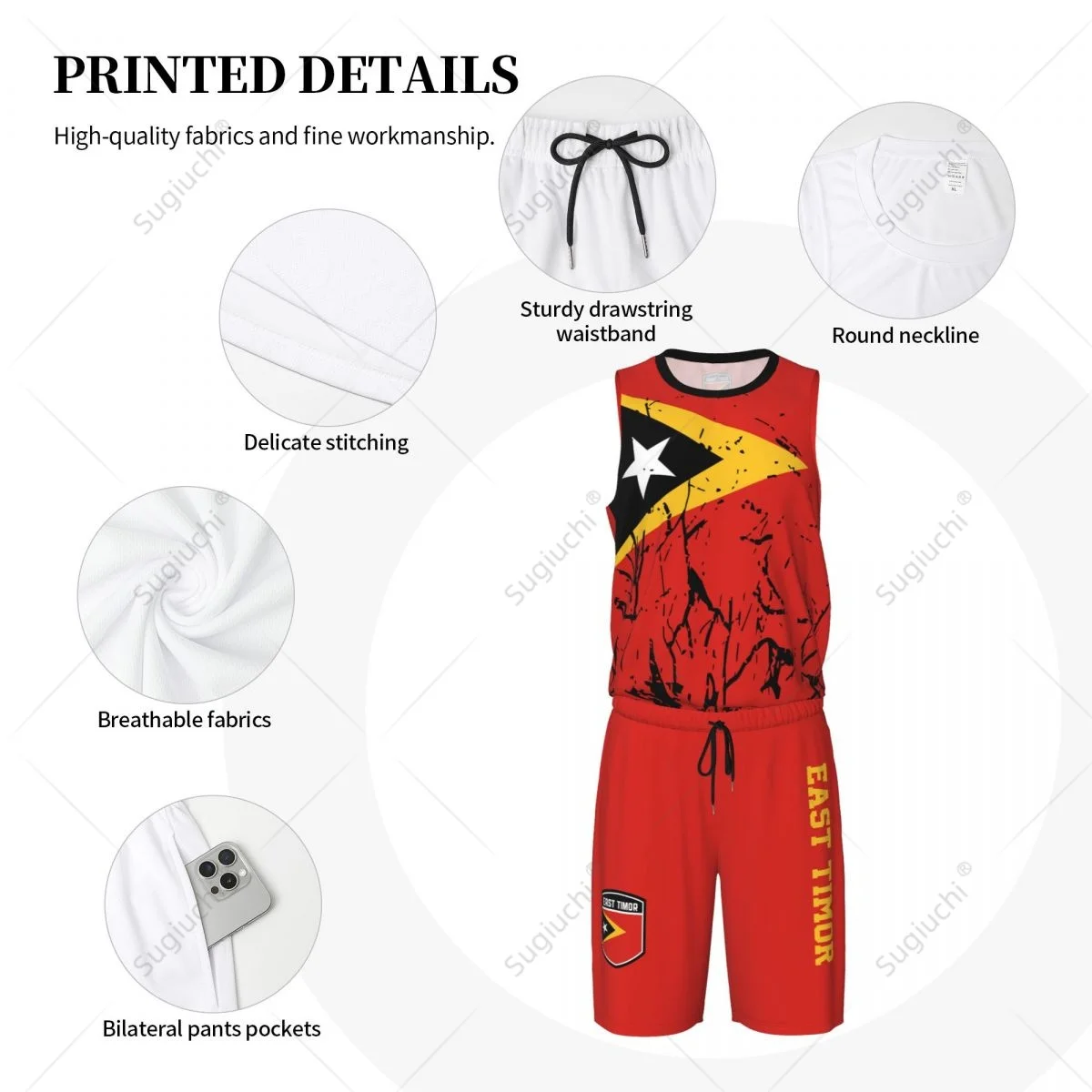 Conjunto sem mangas de basquetebol para homens, equipa, Timor Leste, grão de bandeira, camisa e calças, nome personalizado, exclusivo nunber