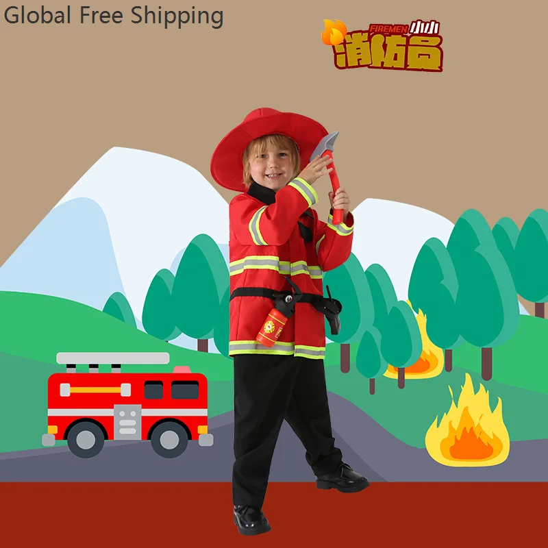 

Halloween Children's Firefighter Uniform Firefighter Work Clothes Set Boys' Role-playing Costume Party Costume Gift Fire Drill