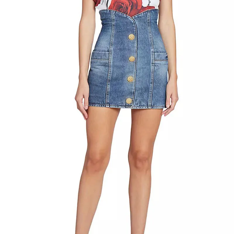 

Women's High Waist Tight Package Hip Half Skirts High End Y2K Fashion Blue Washed Denim Metal Button Short Skirt 2024 Summer New