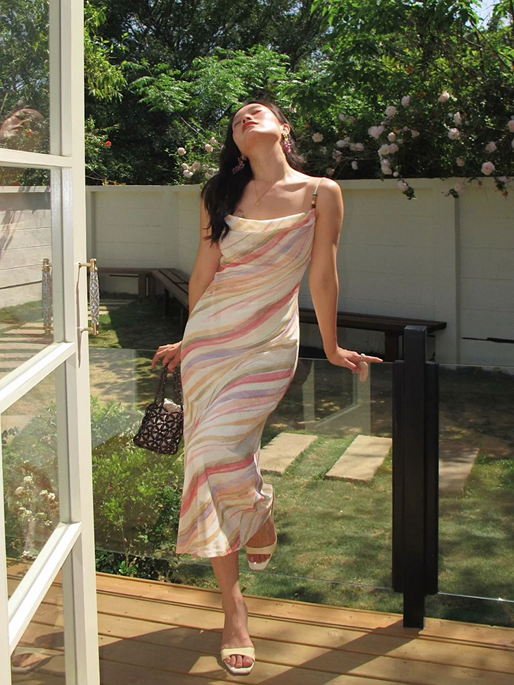 

Dopne Diagonal Stripe Strapl Dr Women's Holiday Sle Sexy Bal Long Skirt French Sle High Wais...