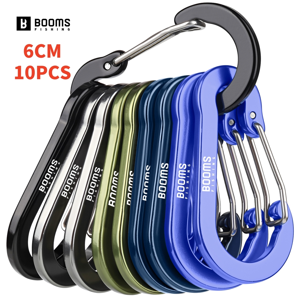  Booms Fishing 10pcs 6cm Aluminum Carabiner Clips D Ring Caribeaner Spring Snap Hook with Keychain Fishing Gear Tools Accessories 
