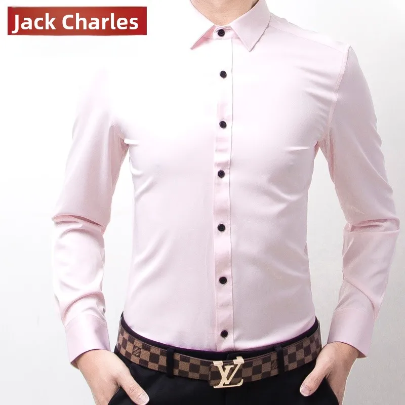

Pink Slim Fit Long Sve irt for Men Smooth Busin Casual Pure Color irt Korean Sle irt Youth Polyester Fiber