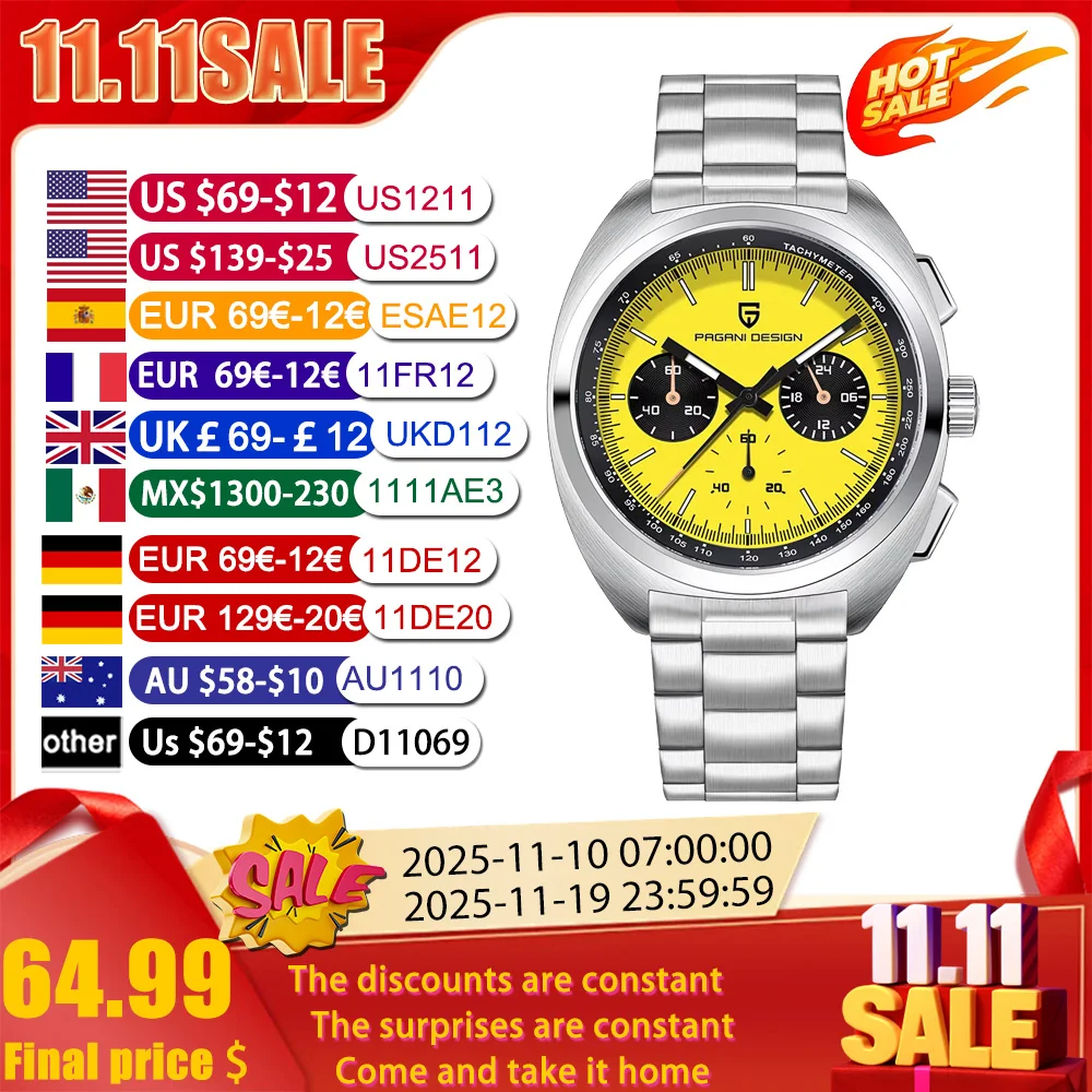 

Pagani design 2025 new men's watch top fashion quartz watch JP VK63 multi-function chronograph watch luxury AR sapphire luminous