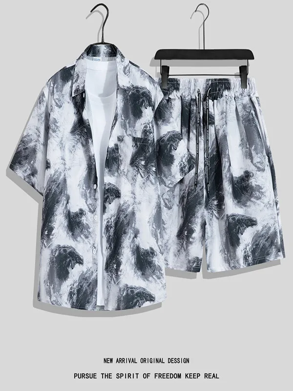 

Novelty Hawaii Cartoon watercolor Ink color 3D Print shirt +Shorts Short Sleeve Flip collar shirts half pants Two Piece Set