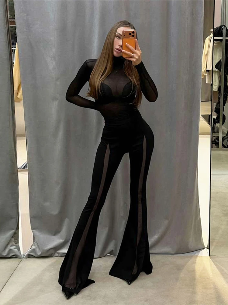 Whatiwear Coquett Overall Damen O-Ausschnitt Patchwork Reißverschluss Durchsichtig Volle Ärmel Skinny Sexy Mitternacht Mode Klassische Streetwear