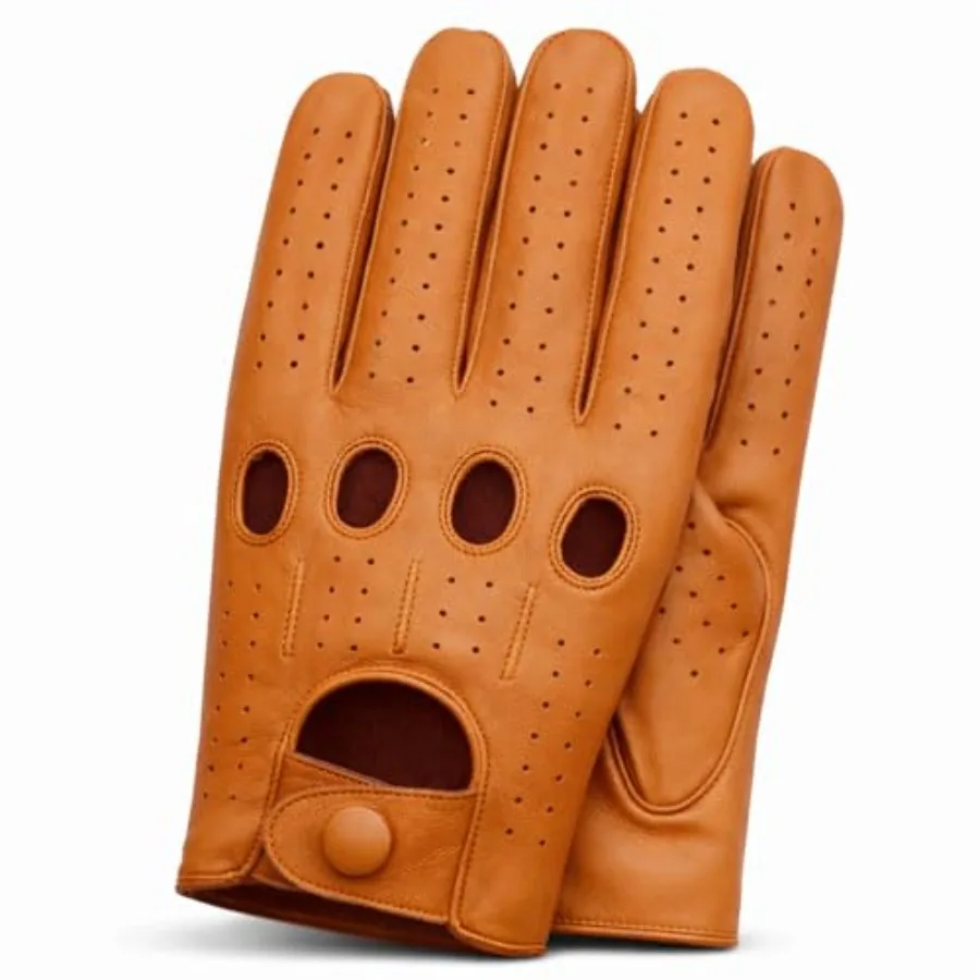

Riparo Mens Perforated Leather Driving Gloves Cognac Genuine Cowhide Full-Finger Classic Motoring Style, Breathable Luxury Glov