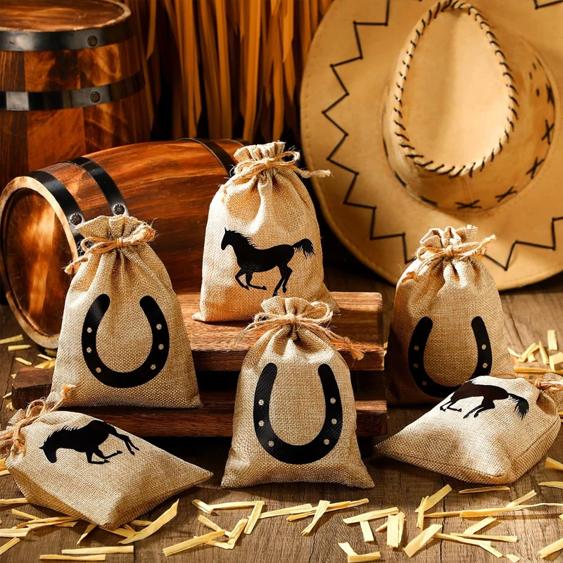 

5 Pieces Western Horse Gift Bags Cowboy Party Decorate Supplies Horsehead and Horseshoe Pattern for Cowboy Birthday Party Favor
