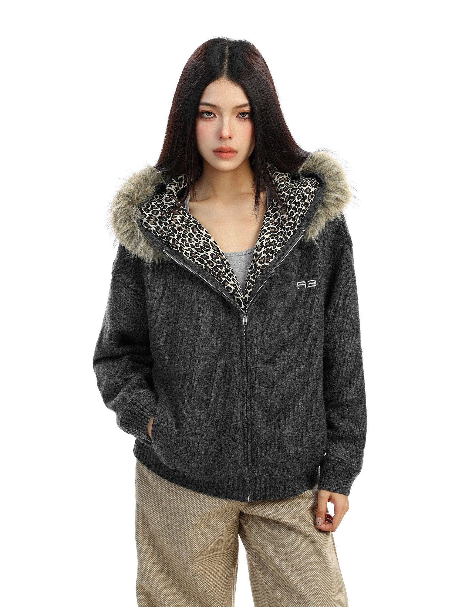 

Lu Sle Fce Lined Hooded Leopard Print Sweater Women's Casual Knitted Outerwear Coat Soft Long Sve Autumn Winter