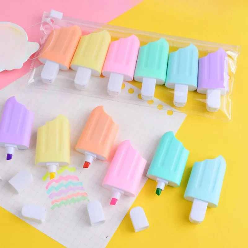 6 Pcs/set Gril Cute Highlighters Set School Office Stationery Drawing Supplies Kawaii Ice Cream Mini Painting Marker Pens