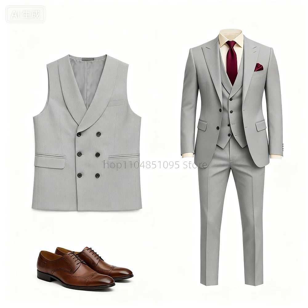 

3 Piece Khaki Men's Suits Slim Fit Peak Lapel Elegant Wedding Business Party Jacket Vest Pants Set High Quality