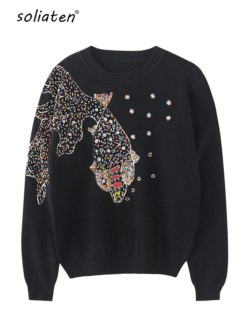 Autumn Female Brand Designer Fashionable High Street New Pullovers Round Neck Cable Knit Goldfish Bead Sweater C-139