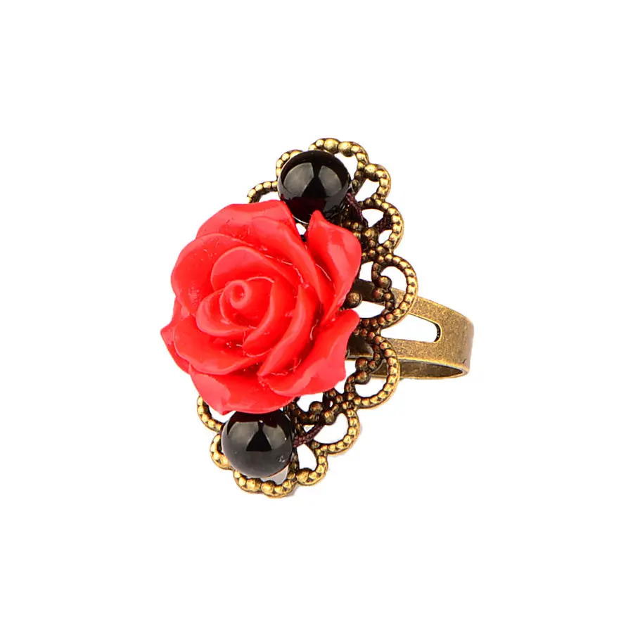 RetroGem Jewelry Gothic Style Adjustable Red Rose Flower Antique Bronze Rings for Women Trendy Vintage Party Wedding Accessories