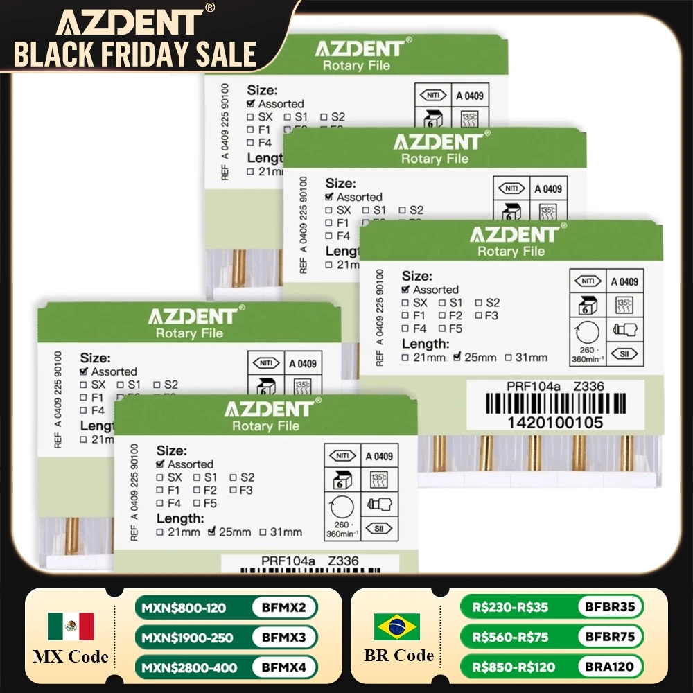 5 Boxes Dental Engine Use File NiTi Super AZDENT Rotary Heat Activated Endodontic Canal Root Files 25mm SX-F3 Dentistry Tools