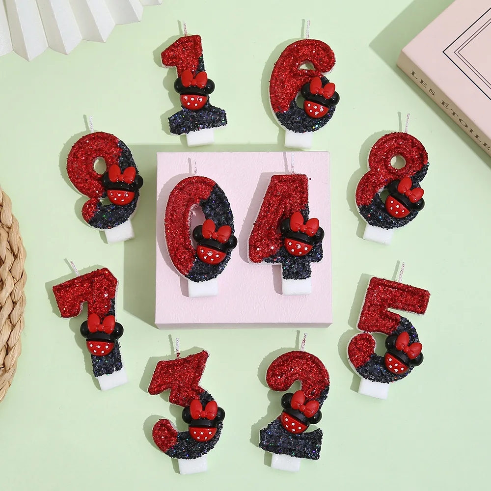 أرقام كارتون ميني ماوس 0-9 شموع لتزيين كعكة عيد الميلاد وحفلات أعياد الميلاد والشموع المصنوعة يدويًا