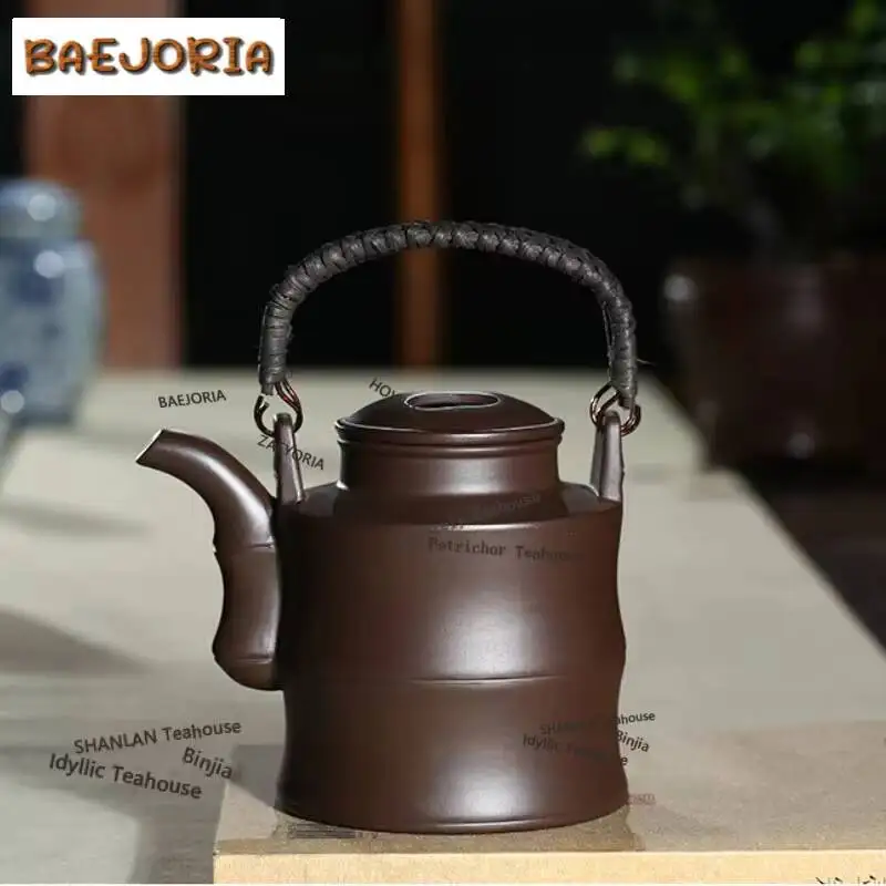 700ml Vintage Yixing Purple Clay Teapots Handmade Bamboo Section Lifting Handle Pot Raw Ore Purple Mud Kettle Zisha Tea Set Gift