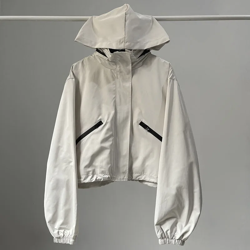 

[YOZOU] White Black Gorpcore Solid Hooded Short Jackets Women Outerwear Windbreaker Biker Korean Style Spring Zipper Coat