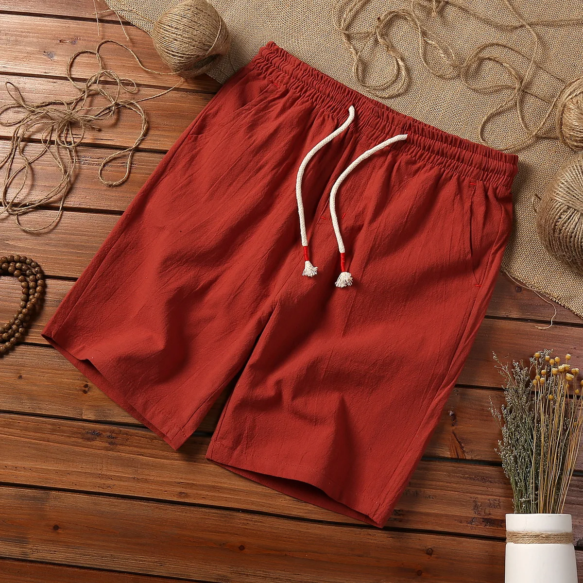 5XL Summer Hot Shorts Men Thin Breathable Solid Color White Loose Sports Casual Cotton Linen Drawcord Short Pants