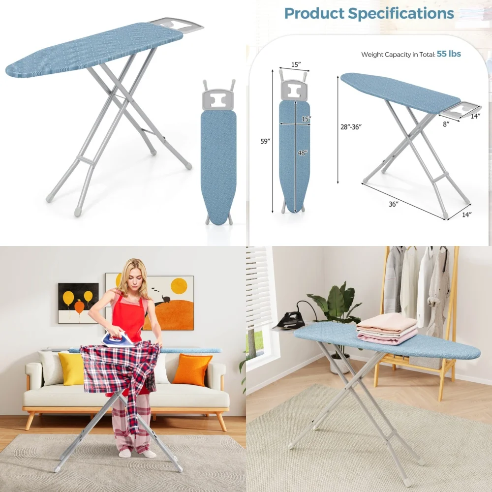 

57x15 Inch Foldable Ironing Board 7 Level Heat Resistant Cover Adjustable Height Portable Design Home Use