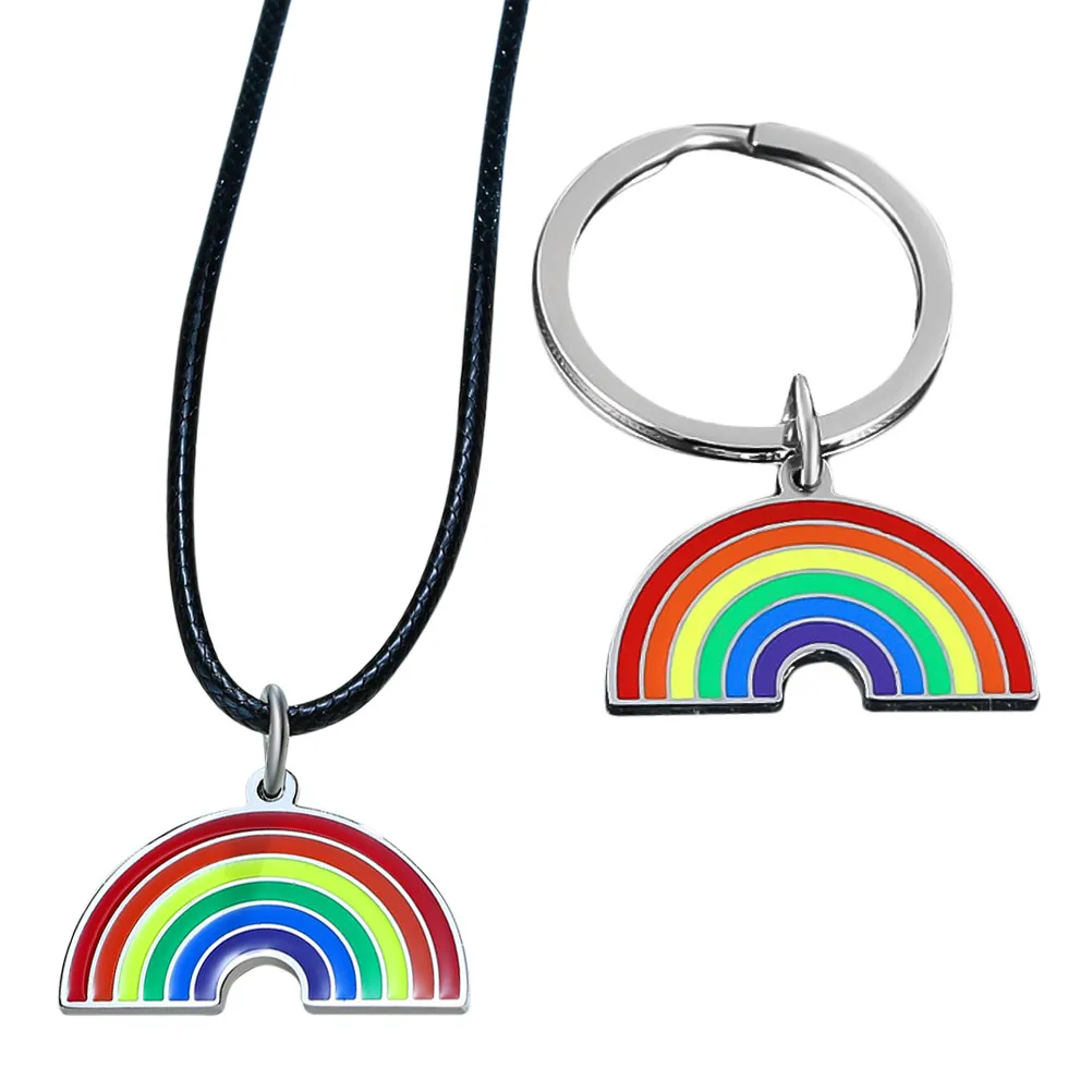 1Set Rainbow Pendant Keychain Stainless Steel Necklace Creative Durable Practical Colorful Gift Souvenir Car Keys Bag