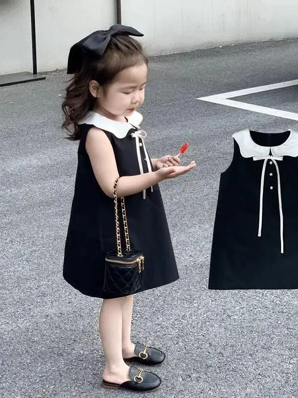 Vestido de Verão Estilo Princesa Retrô para Meninas, Moda Infantil, Vestido Sem Mangas com Saia Larga de Algodão