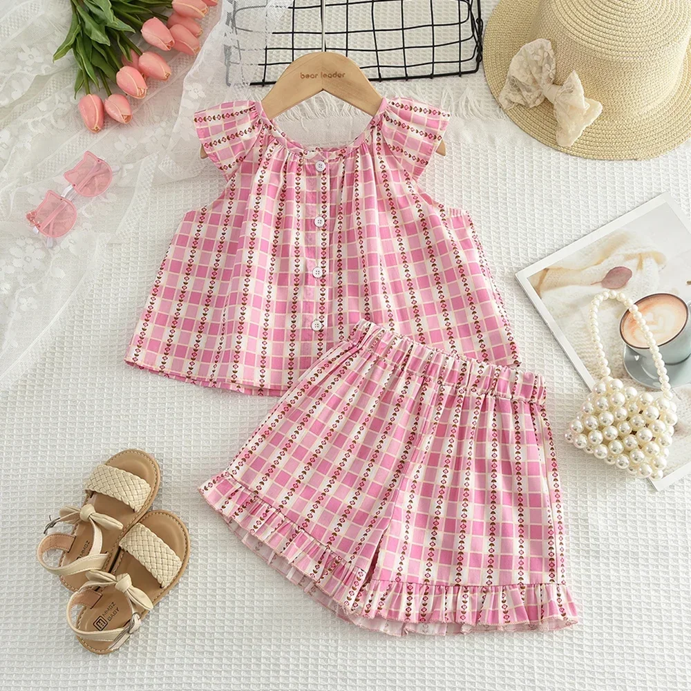 Summer New Pink Checkered Korean Version Cute Single Breasted Top+lace Shorts Two-piece Set for Girls Aged 1-5 Comfortable