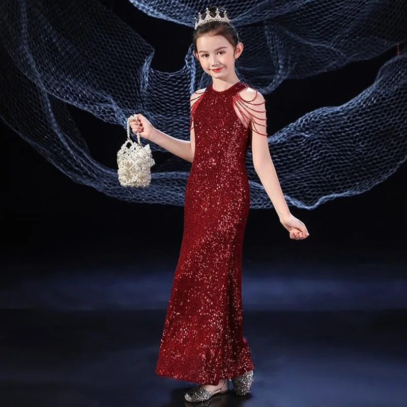 Evening Dress for Girls Piano Competition Performance Fashion Children Clothing Red Elegant Dresses Birthday Party Costume