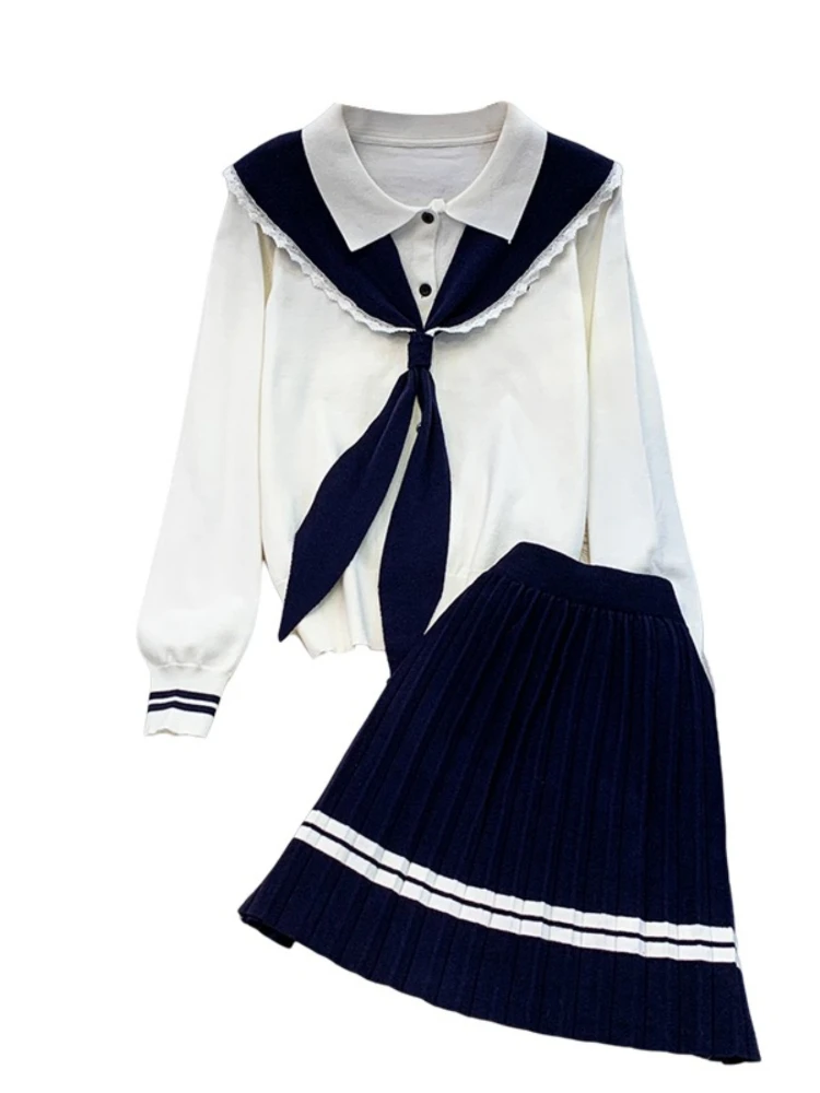 College style sweet lace-up lapel collar single breasted knitted top+high waist slimming striped pleated skirt two-piece set