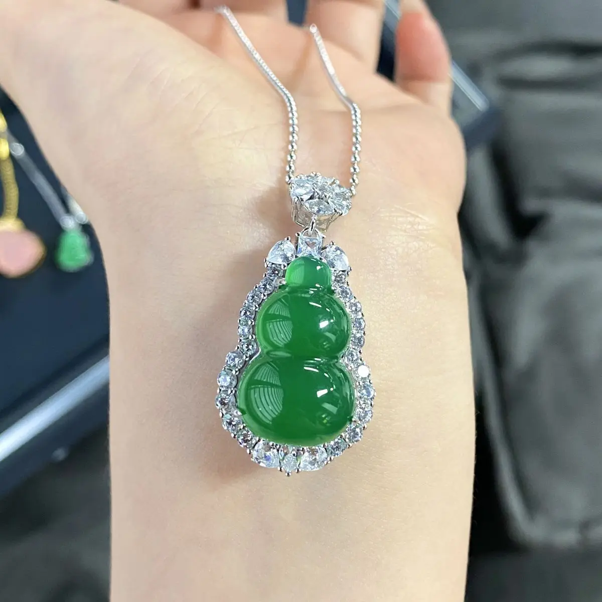 

S925 Silver Whole Body Pure Silver Green Chalcedony Gourd Necklace, Imperial Green Agate Buddha Bead Necklace