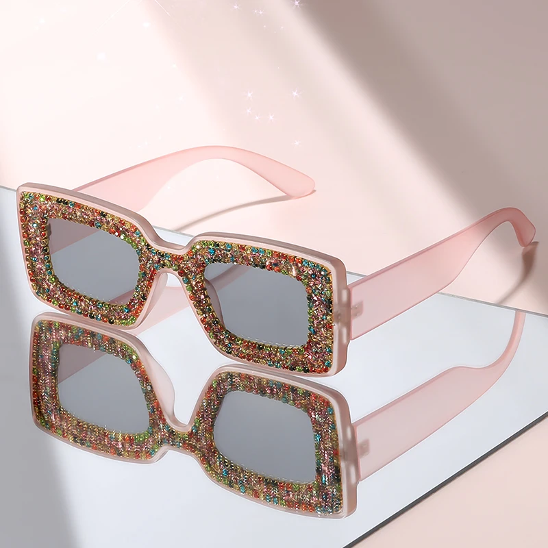 New Square Rhinestone Sunglasses Thick Frame Bling Shades Party Club Fashion Eyewear UV Protection Women Statement Accessory