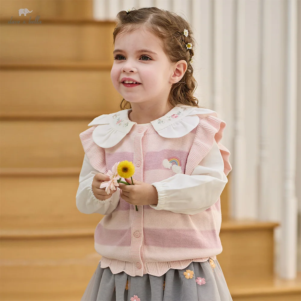 

Детский кардиган-жилет Dave Bella для девочек, осенне-весенняя одежда, пальто из чистого хлопка, милый модный топ на одно плечо DB1260613