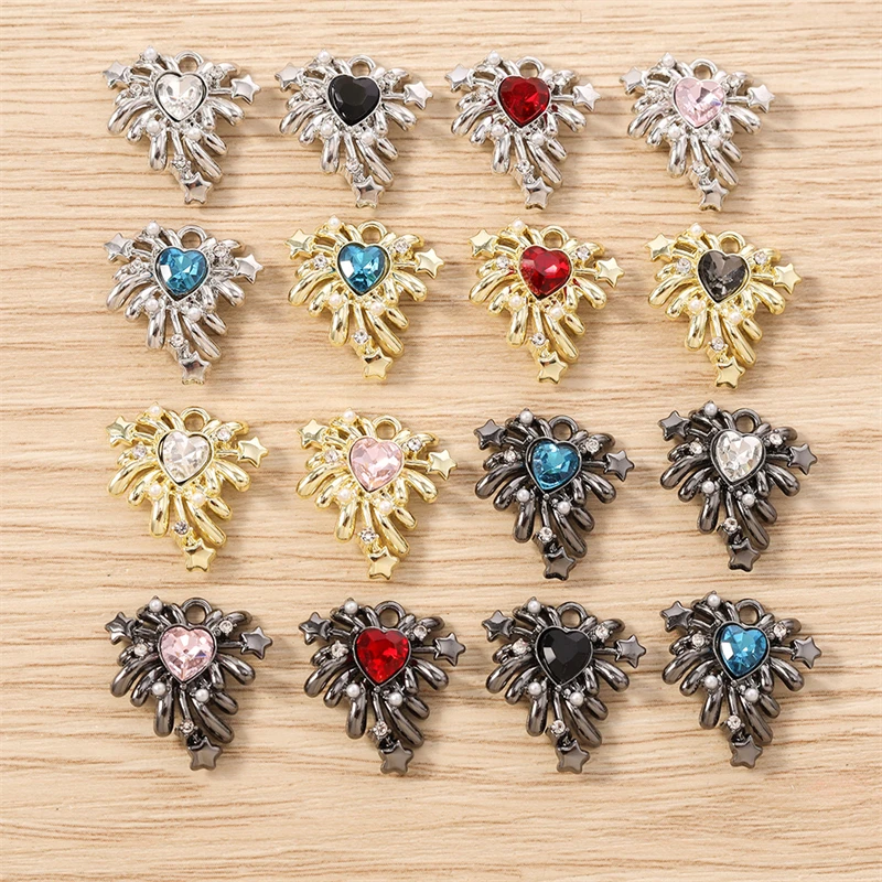 5 Stück 17x17mm Niedliche Kristall-Metall-Herz-Feuerwerk-Anhänger für Schmuckherstellung, Ohrringe, Halsketten, Armbänder, DIY-Bastelbedarf – Detail 2