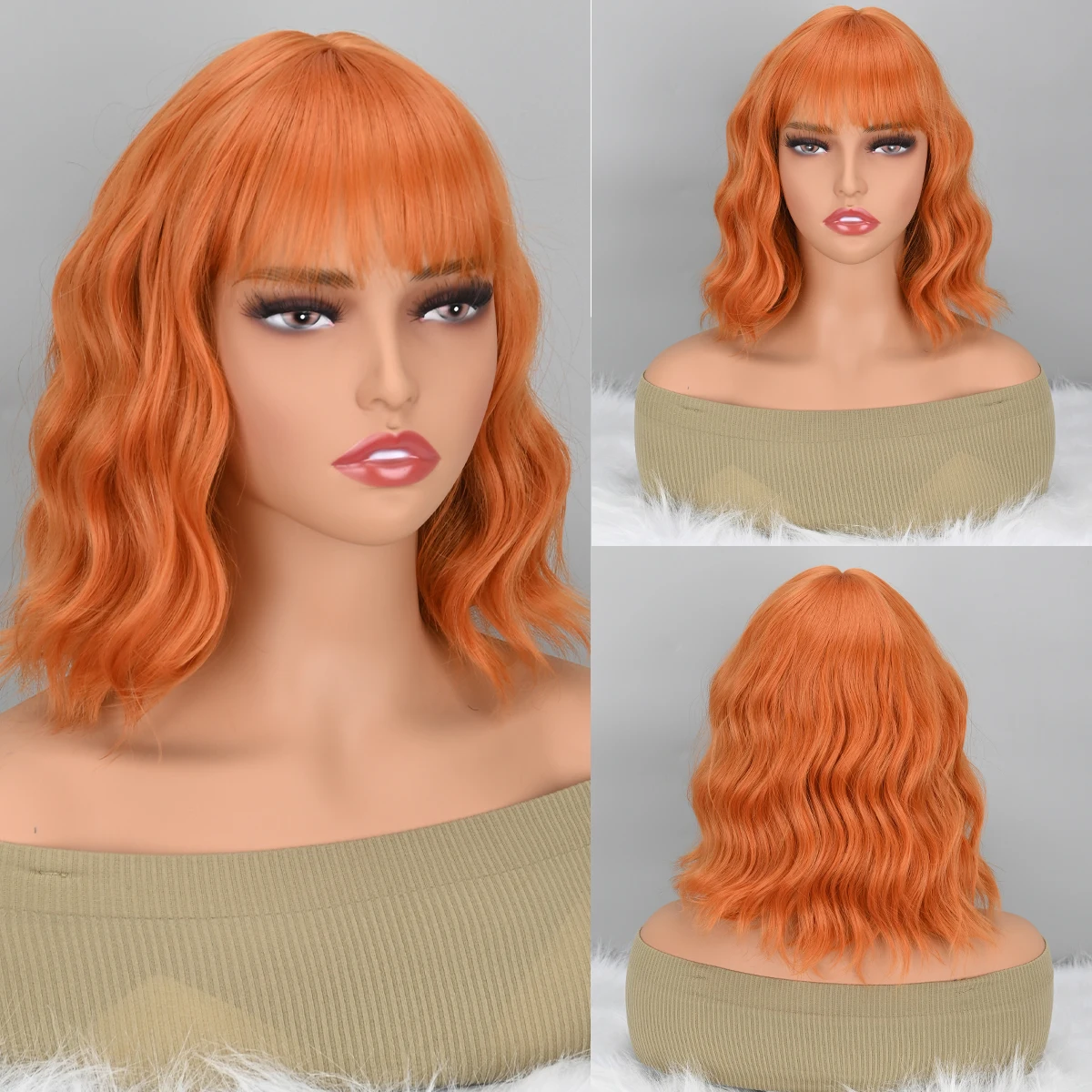 

Short Wavy Curly Women Fresh Bright Synthetic Ordinary Flat Bangs Bob Wig