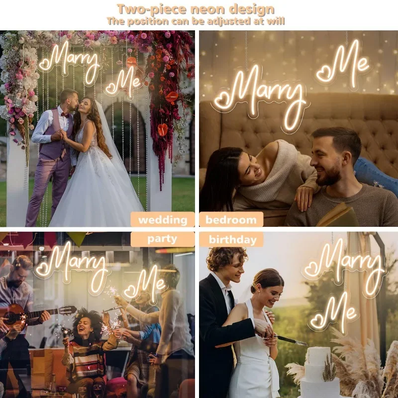 Enseigne au néon LED Marry Me, lettres lumineuses à intensité variable, grand design en deux pièces, décoration murale, chambre à coucher, proposition de mariage, fiançailles