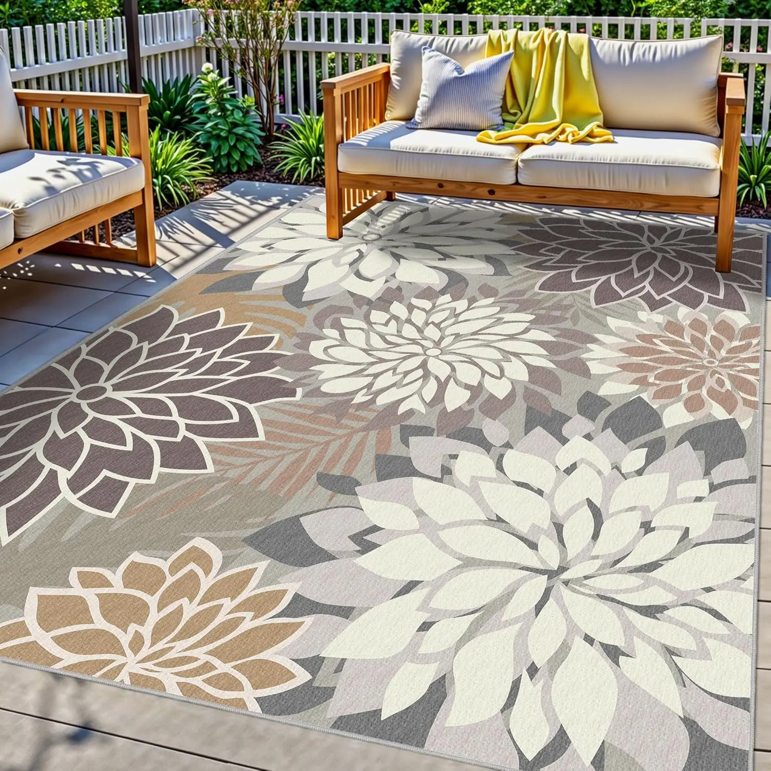 

Colorful 5x8 Outdoor Area Rug Washable Multicolored Patio Rug Tropical Botanical Floral Chenille Waterproof Outdoor Carpet fo