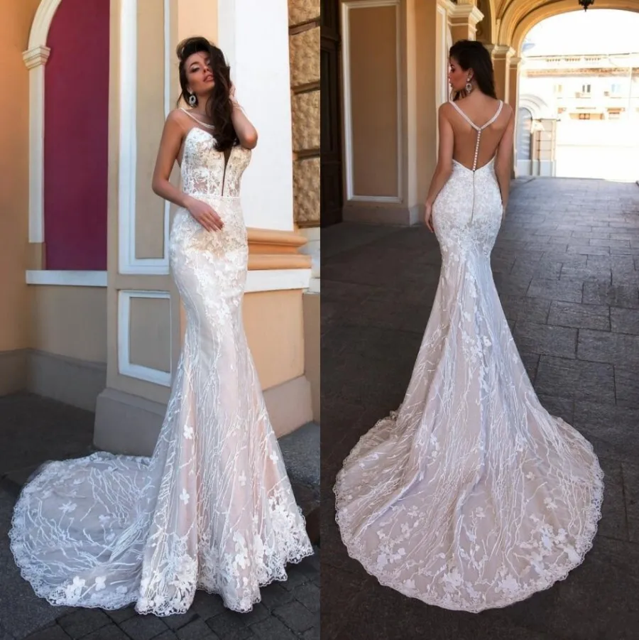 

Backless Lace Mermaid Wedding Dress - Sheer Plunging Neck, Sweep Train Tulle Bridal Gown
